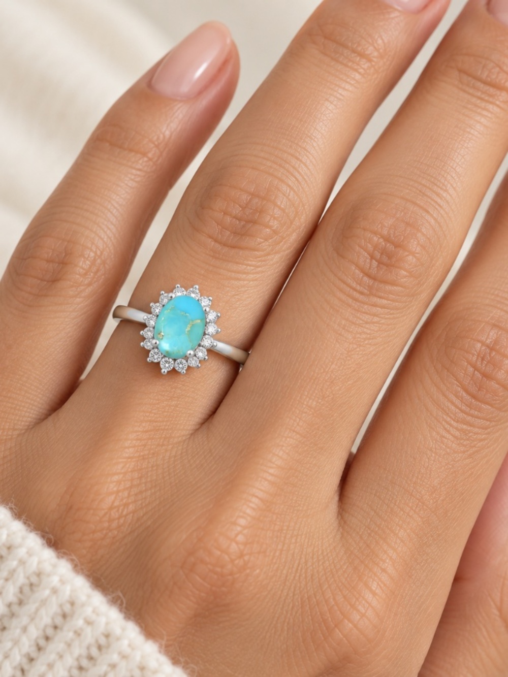 925 Sterling Silver Oval Turquoise CZ Halo Ring